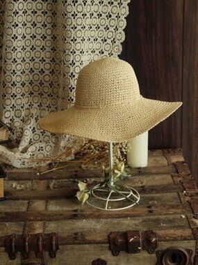 Vintage 2000s Hat, Y2K Paper Straw Wide Brimmed Sunhat, Millinery